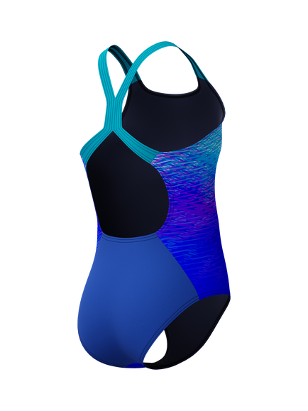 Speedo Kids' Print Powerback Swimsuit, Sapphire/Mayan Blue - view 2, Sapphire/Mayan Blue