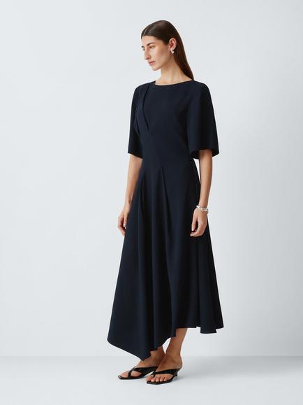 John Lewis Asymmetric Hem Short Sleeve Drape Midi Dress, Navy, Navy