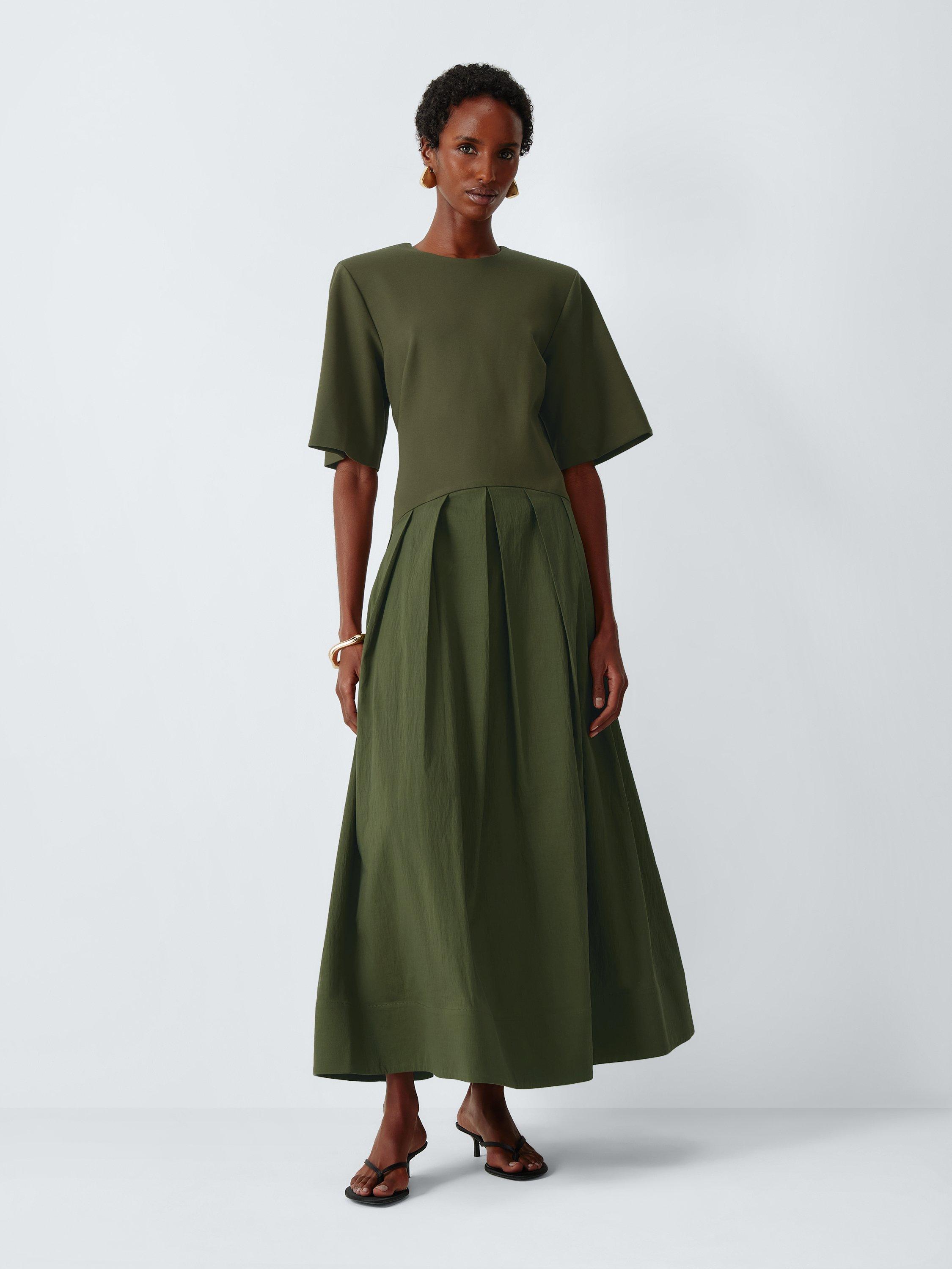 John Lewis Dropped Waist Short Sleeve Midi Dress, Khaki
