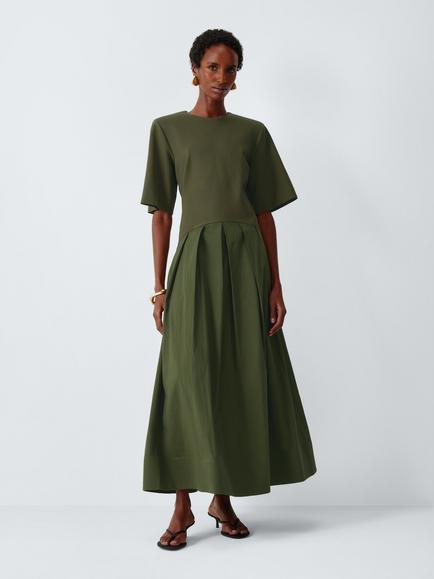 John Lewis Dropped Waist Short Sleeve Midi Dress, Khaki, Khaki