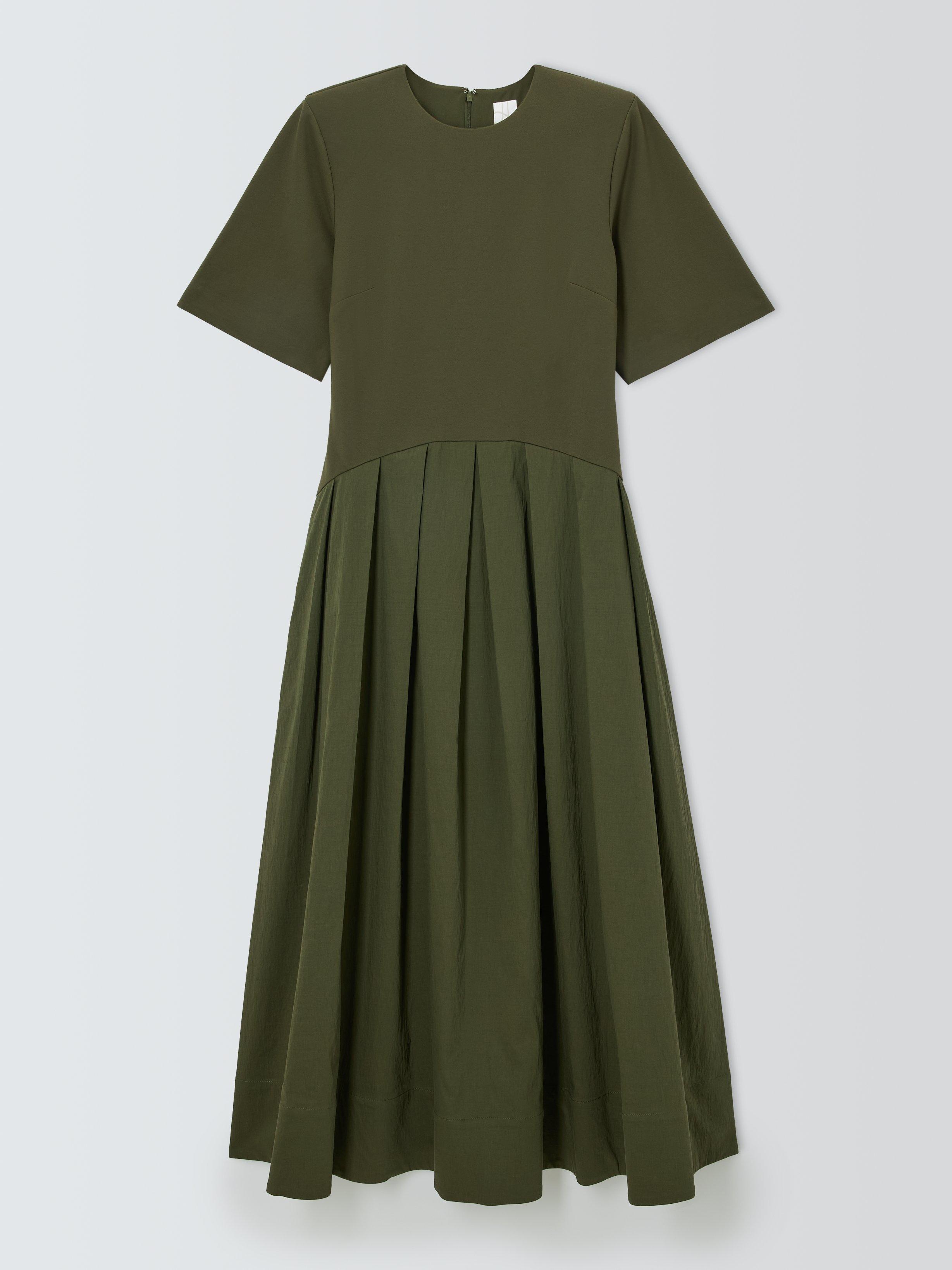 John Lewis Dropped Waist Short Sleeve Midi Dress, Khaki