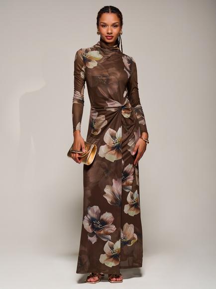 Jolie Moi Floral High Neck Long Sleeve Maxi Dress, Brown