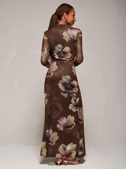 Jolie Moi Floral High Neck Long Sleeve Maxi Dress - view 2, Brown