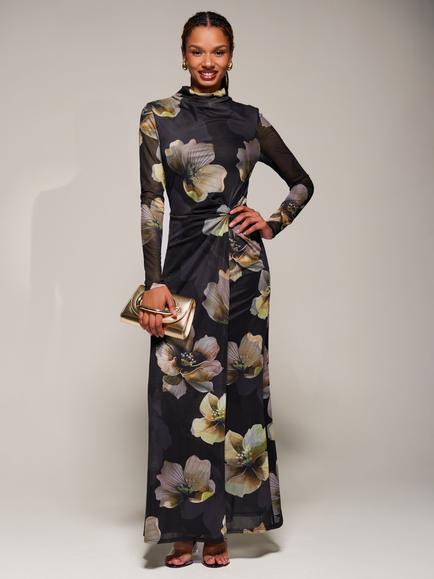 Jolie Moi Floral High Neck Long Sleeve Maxi Dress, Black
