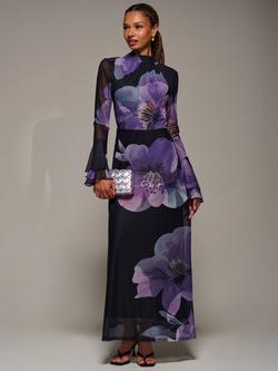 Jolie Moi Floral Tie Back Mesh Maxi Dress, Purple Floral, Purple Floral
