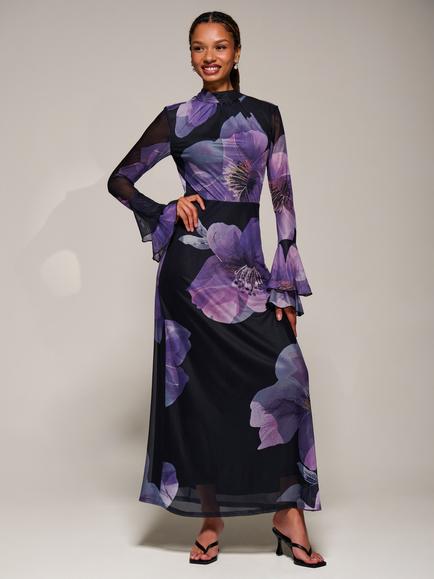 Jolie Moi Floral Tie Back Mesh Maxi Dress, Purple Floral, Purple Floral