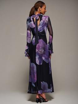 Jolie Moi Floral Tie Back Mesh Maxi Dress, Purple Floral - view 2, Purple Floral
