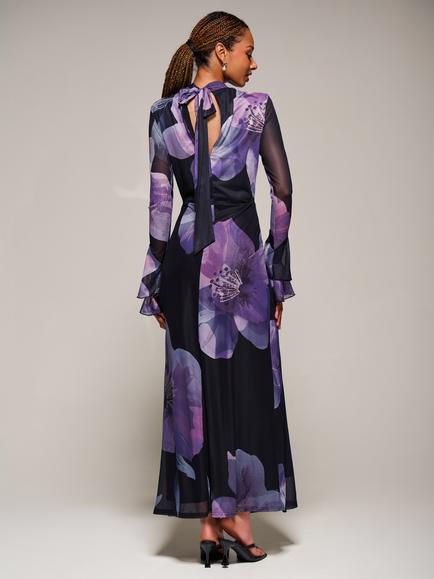 Jolie Moi Floral Tie Back Mesh Maxi Dress, Purple Floral - view 2, Purple Floral