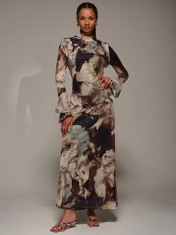 Jolie Moi Floral Tie Back Ruffle Dress, Brown Abstract, Brown Abstract