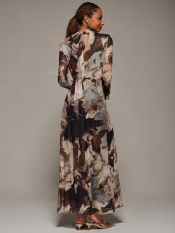 Jolie Moi Floral Tie Back Ruffle Dress, Brown Abstract - view 2, Brown Abstract