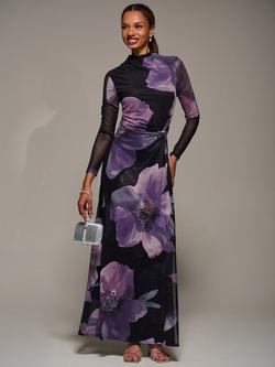Jolie Moi Floral High Neck Mesh Maxi Dress, Purple Floral, Purple Floral