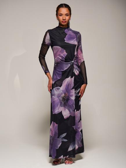 Jolie Moi Floral High Neck Mesh Maxi Dress, Purple Floral, Purple Floral