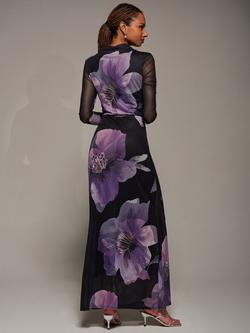 Jolie Moi Floral High Neck Mesh Maxi Dress, Purple Floral - view 2, Purple Floral