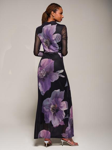 Jolie Moi Floral High Neck Mesh Maxi Dress, Purple Floral - view 2, Purple Floral