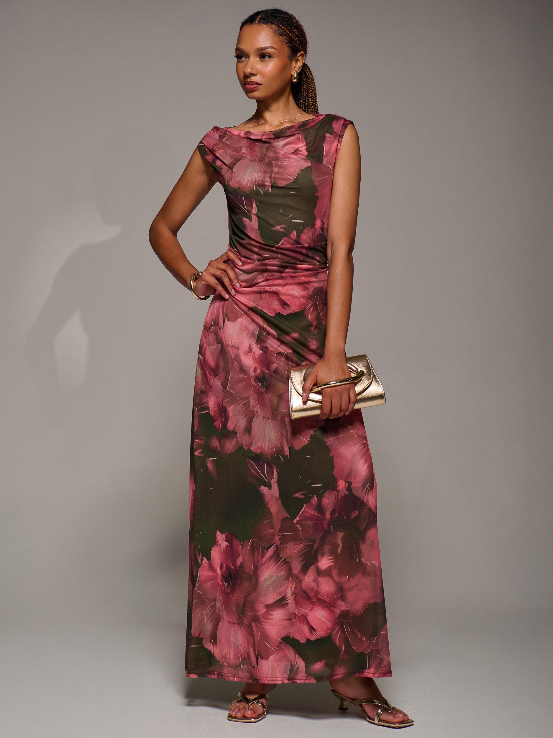 Product image 1 of 6, which shows Jolie Moi Abstract Multiway Mesh Maxi Dress, Red Abstract, 8