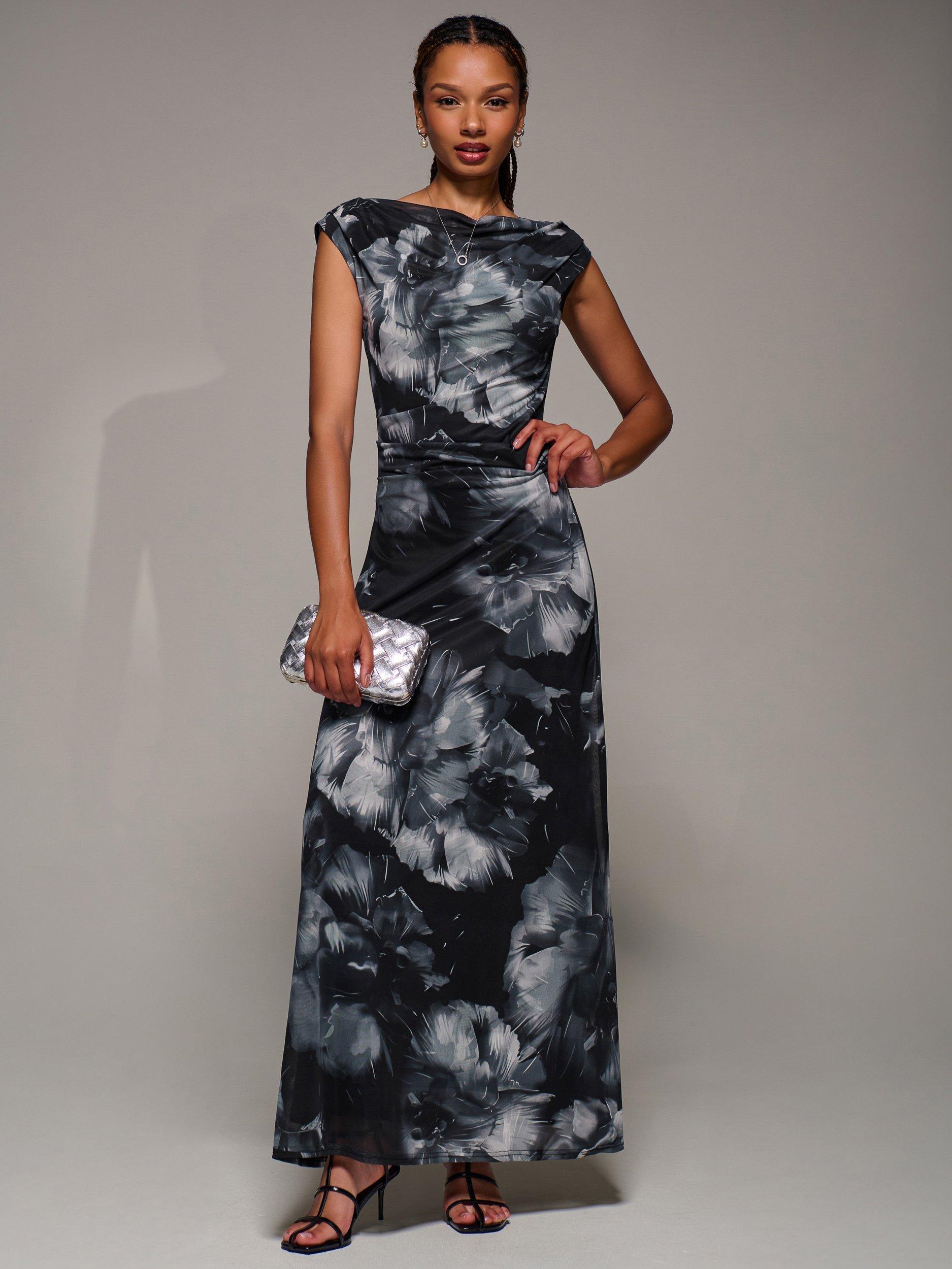 Product image 1 of 6, which shows Jolie Moi Abstract Multiway Mesh Maxi Dress, Black Abstract, 8