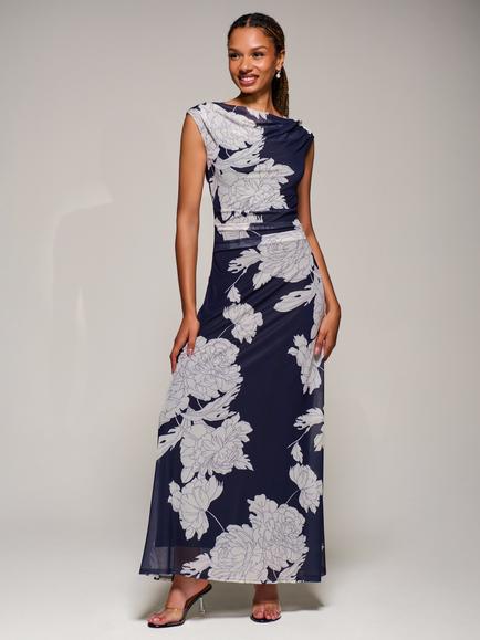 Jolie Moi Floral Multiway Mesh Maxi Dress, Navy Floral, Navy Floral