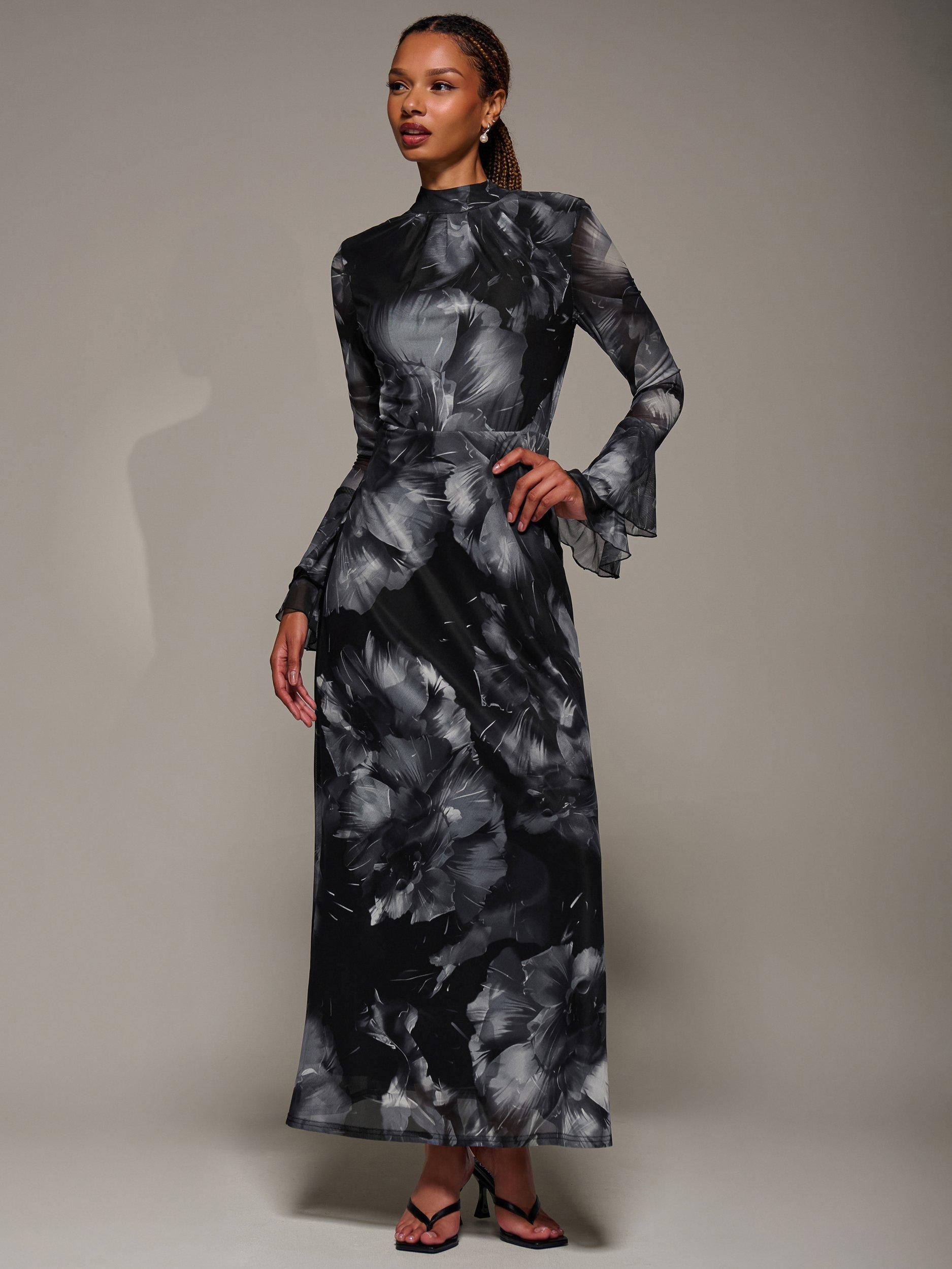 Product image 1 of 6, which shows Jolie Moi Abstract Ruffle Mesh Maxi Dress, Black Abstract, 8