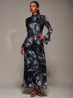 Jolie Moi Abstract Ruffle Mesh Maxi Dress, Black Abstract, Black Abstract