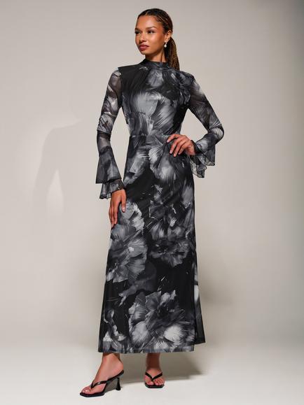 Jolie Moi Abstract Ruffle Mesh Maxi Dress, Black Abstract, Black Abstract