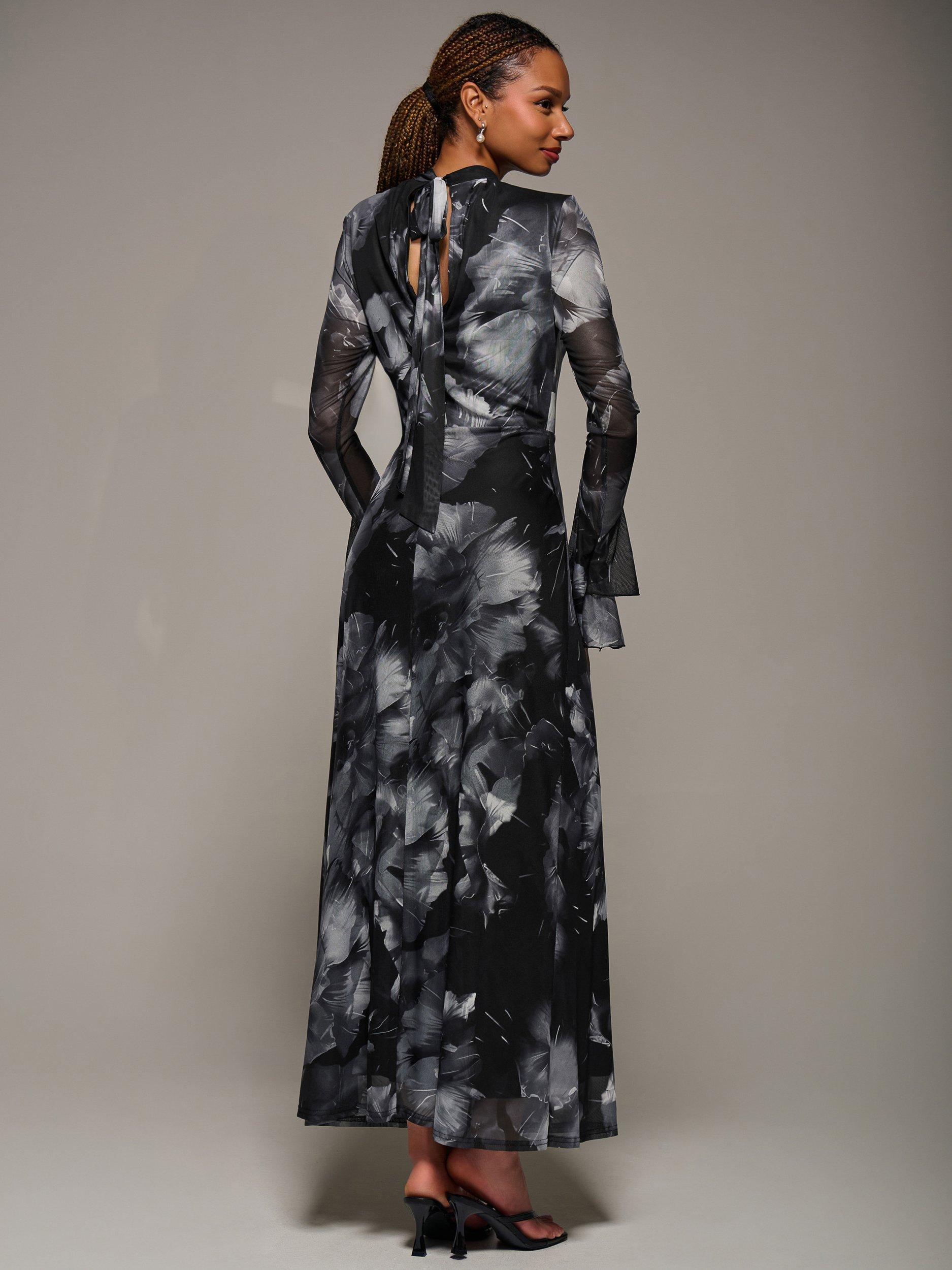 Product image 2 of 6, which shows Jolie Moi Abstract Ruffle Mesh Maxi Dress, Black Abstract, 8