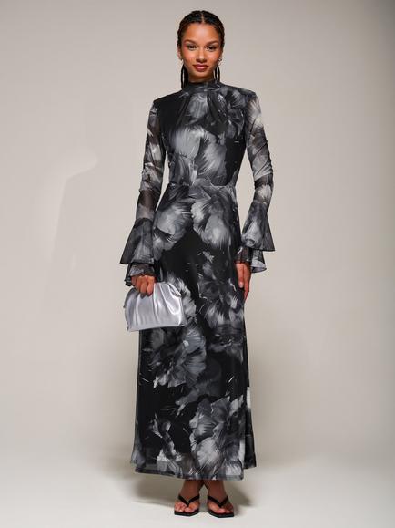 Jolie Moi Abstract Ruffle Mesh Maxi Dress, Black Abstract - view 2, Black Abstract