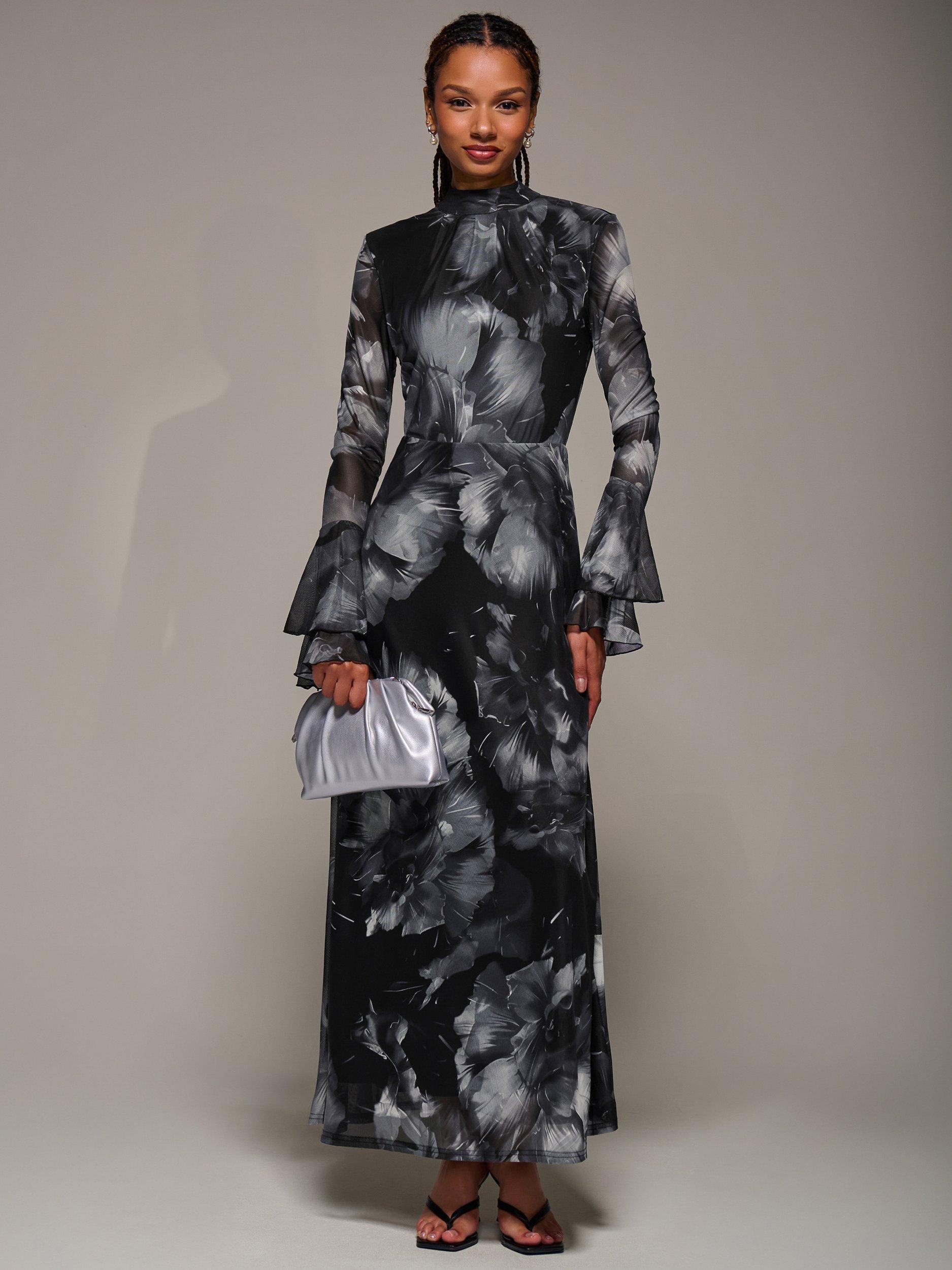 Product image 3 of 6, which shows Jolie Moi Abstract Ruffle Mesh Maxi Dress, Black Abstract, 8