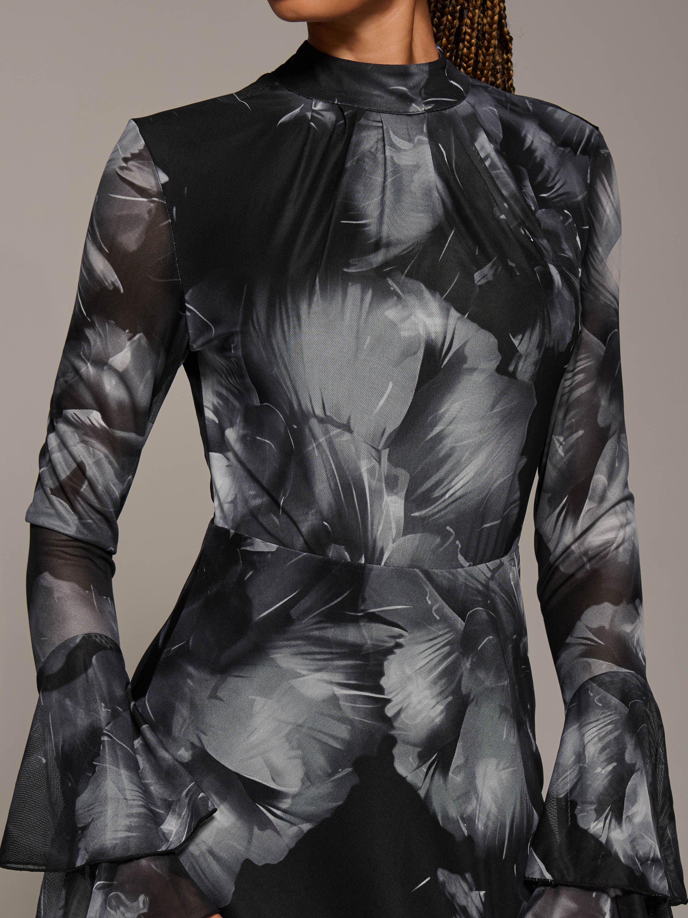 Product image 4 of 6, which shows Jolie Moi Abstract Ruffle Mesh Maxi Dress, Black Abstract, 8