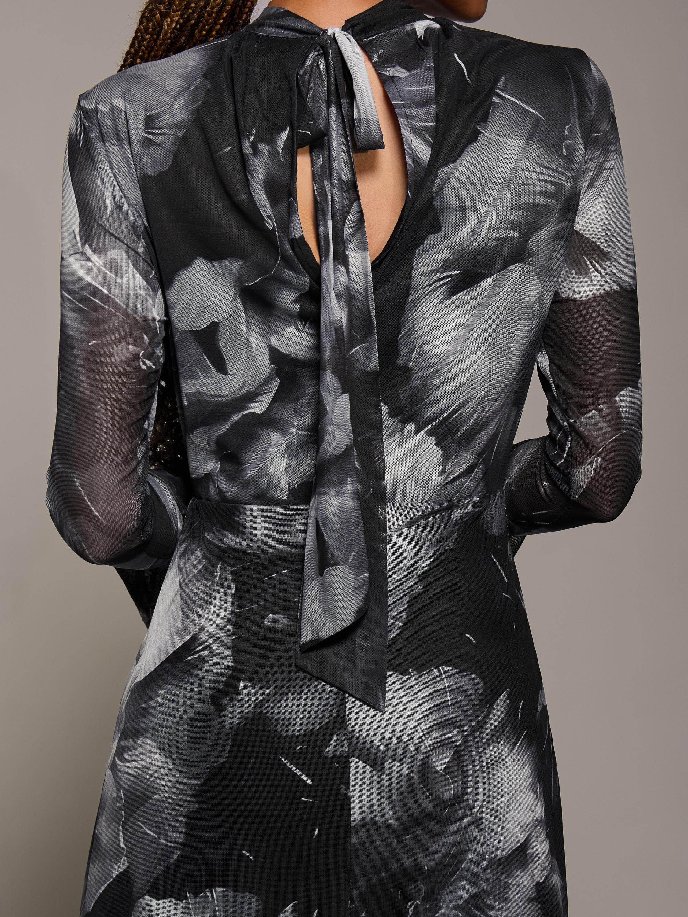 Product image 5 of 6, which shows Jolie Moi Abstract Ruffle Mesh Maxi Dress, Black Abstract, 8