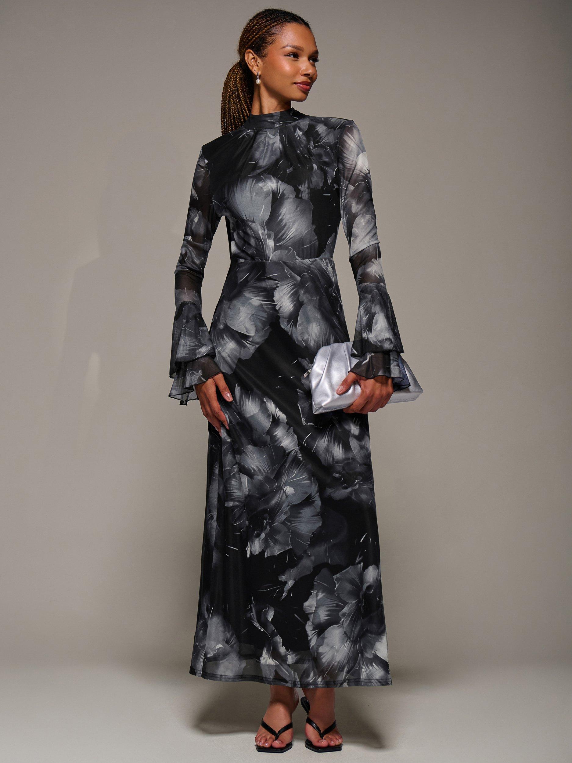 Product image 6 of 6, which shows Jolie Moi Abstract Ruffle Mesh Maxi Dress, Black Abstract, 8