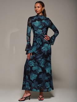 Jolie Moi Abstract Ruffle Mesh Maxi Dress, Blue Abstract, Blue Abstract