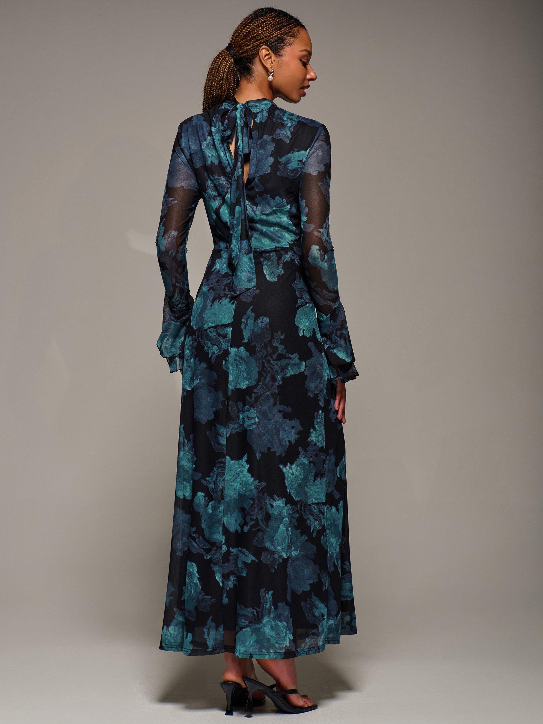Product image 2 of 6, which shows Jolie Moi Abstract Ruffle Mesh Maxi Dress, Blue Abstract, 8