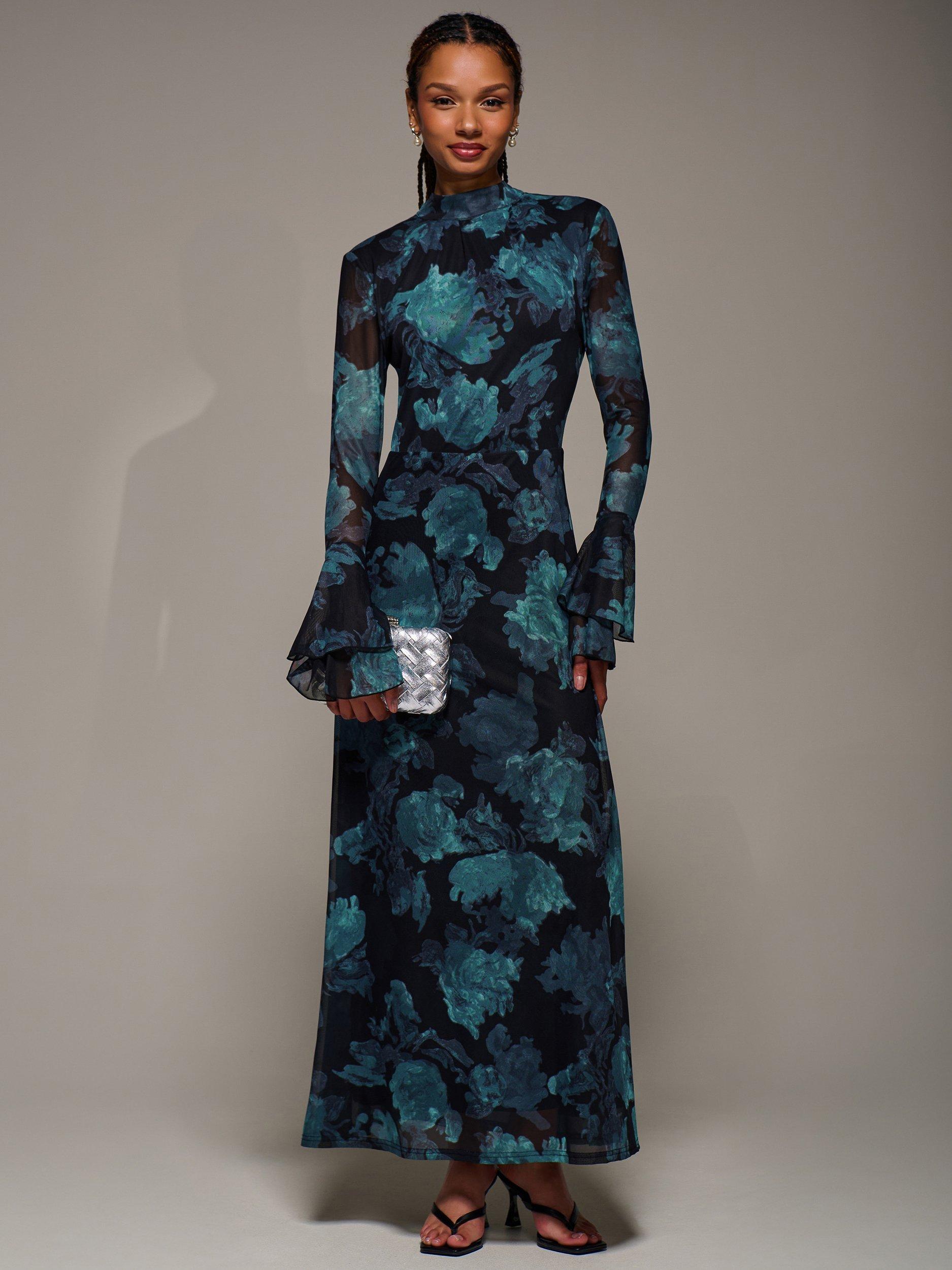 Product image 3 of 6, which shows Jolie Moi Abstract Ruffle Mesh Maxi Dress, Blue Abstract, 8