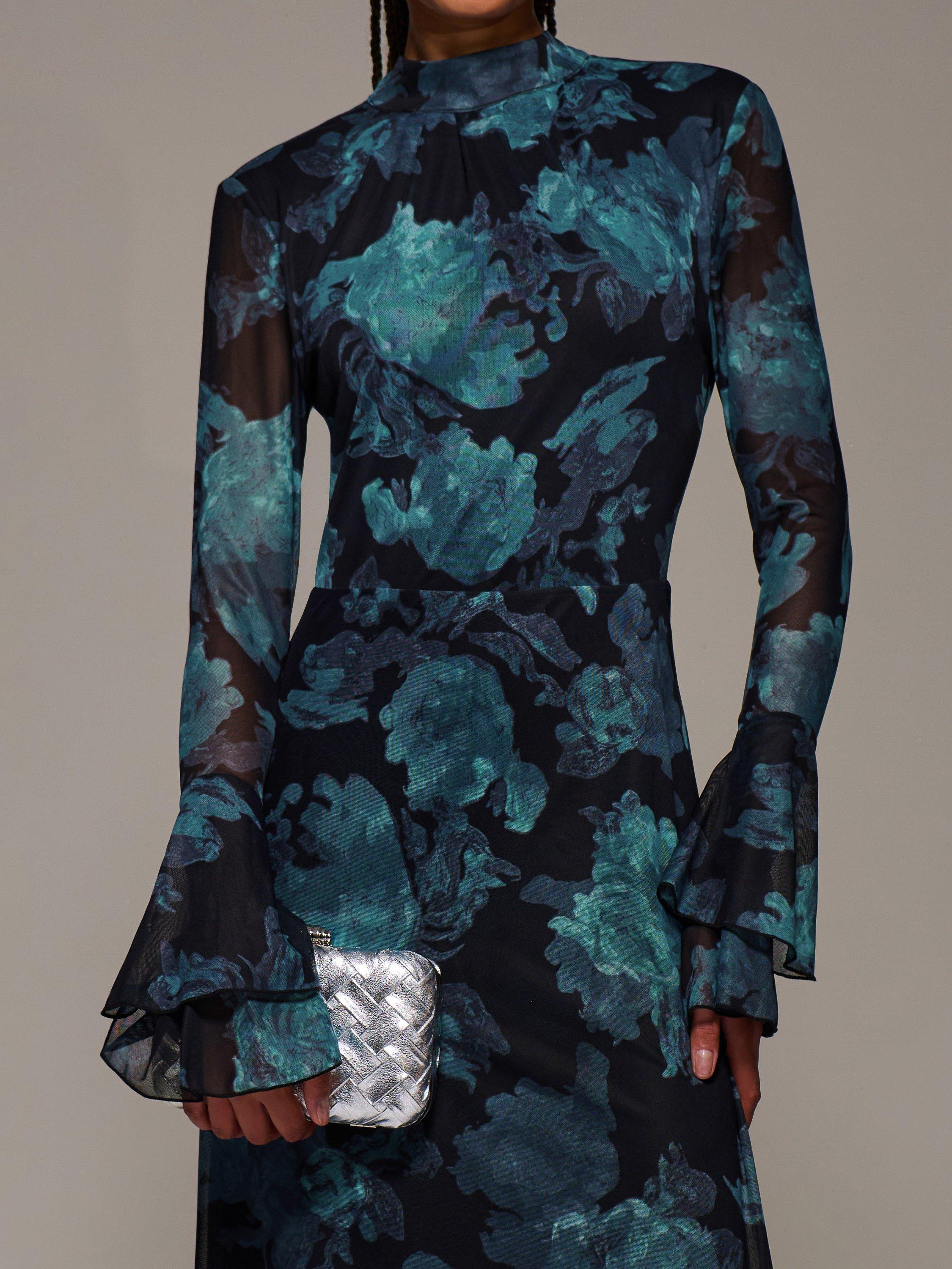 Product image 4 of 6, which shows Jolie Moi Abstract Ruffle Mesh Maxi Dress, Blue Abstract, 8