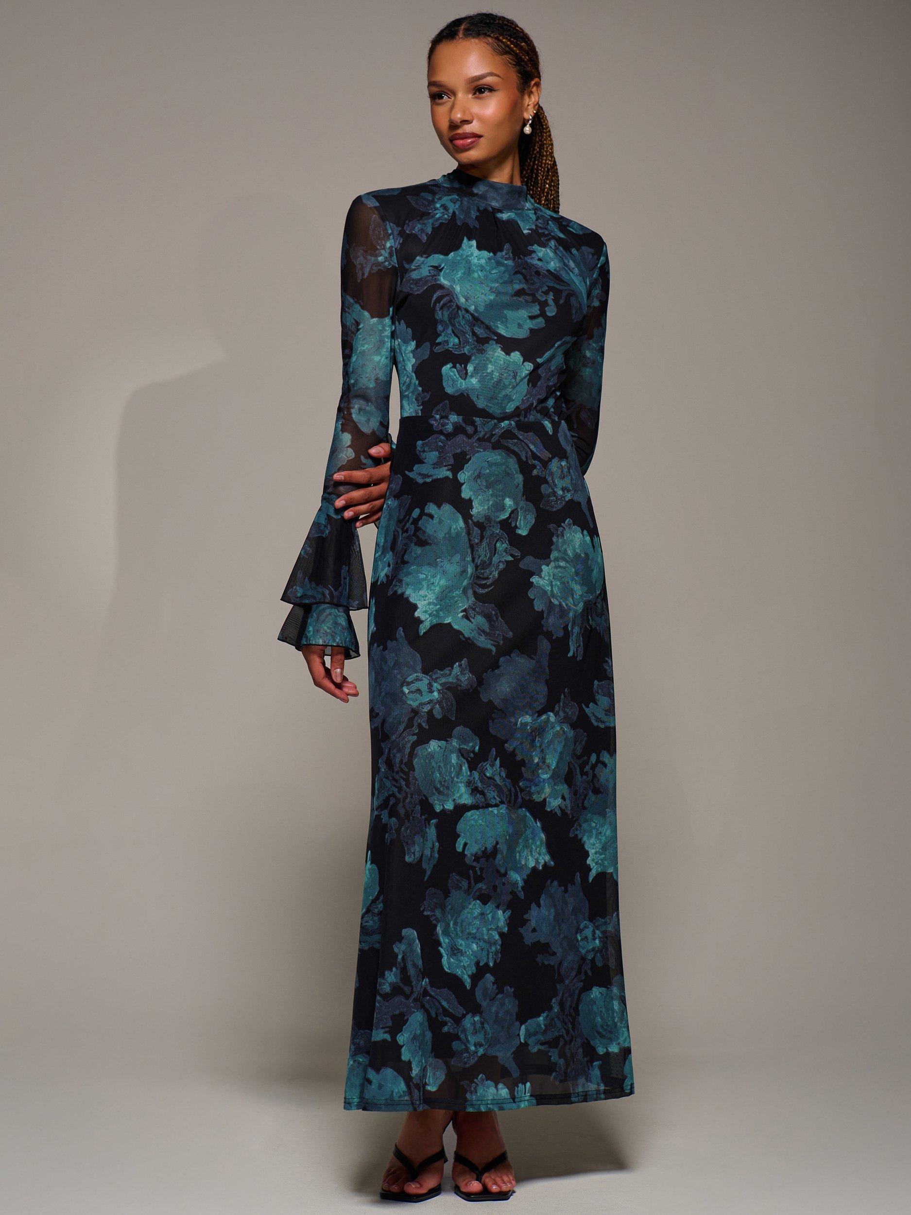 Product image 5 of 6, which shows Jolie Moi Abstract Ruffle Mesh Maxi Dress, Blue Abstract, 8