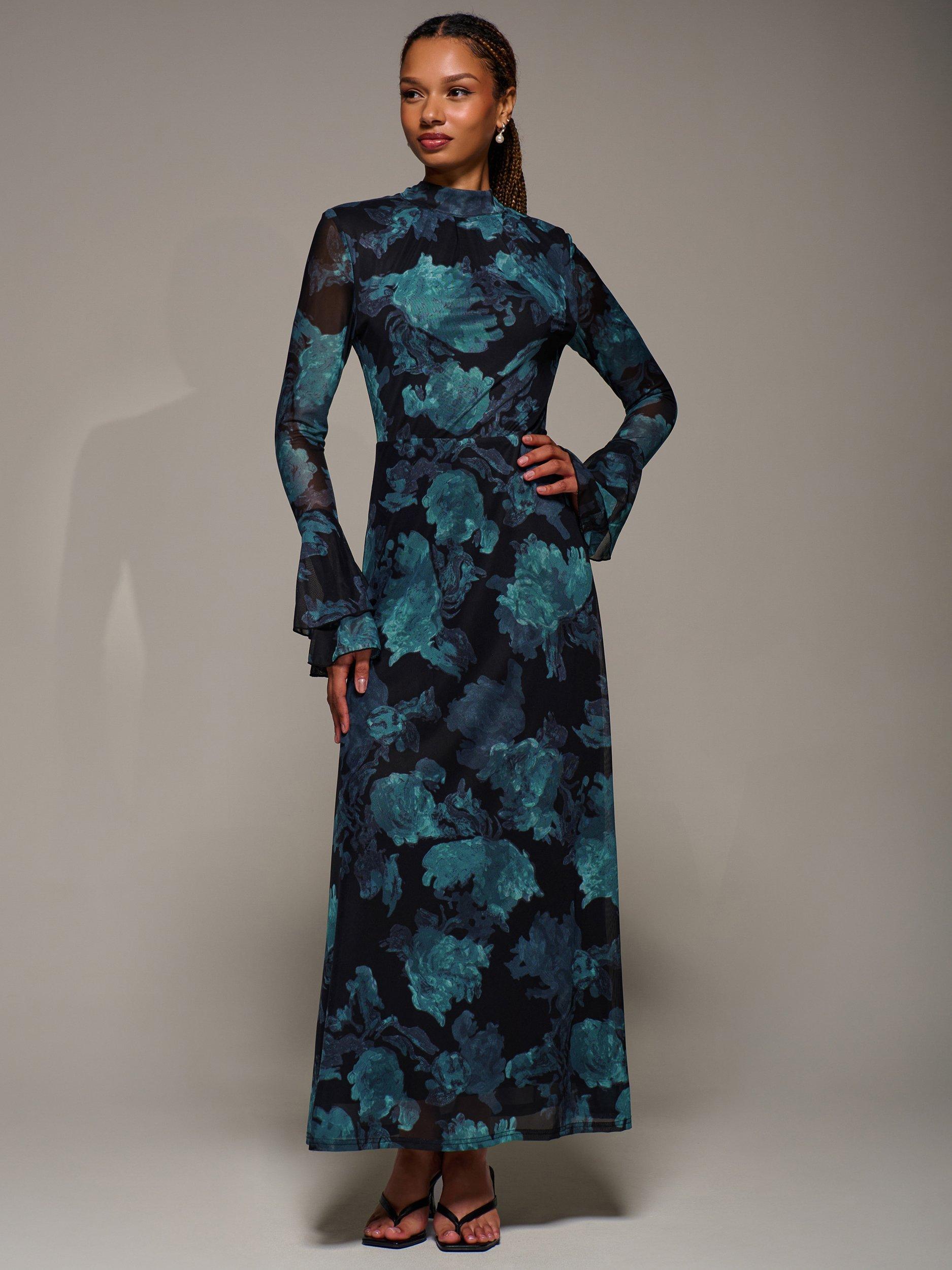 Product image 6 of 6, which shows Jolie Moi Abstract Ruffle Mesh Maxi Dress, Blue Abstract, 8