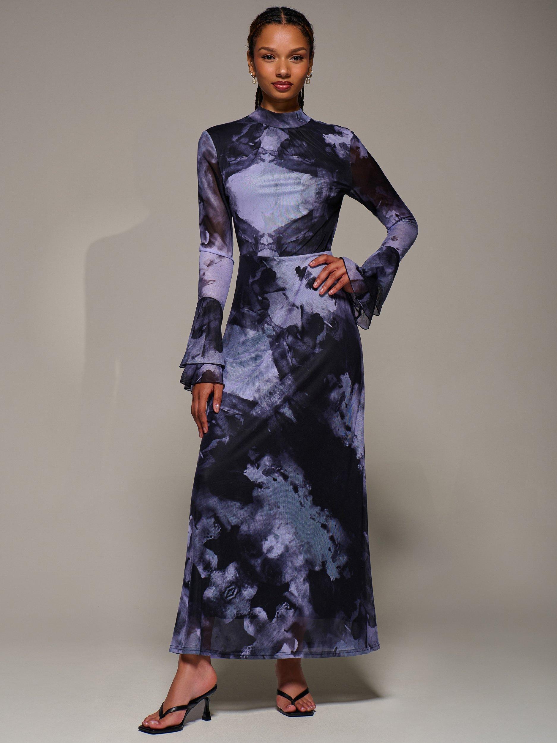 Product image 1 of 6, which shows Jolie Moi Ruffle Mesh Maxi Dress, Purple Abstract, 8