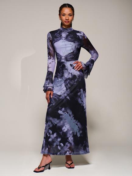 Jolie Moi Ruffle Mesh Maxi Dress, Purple Abstract