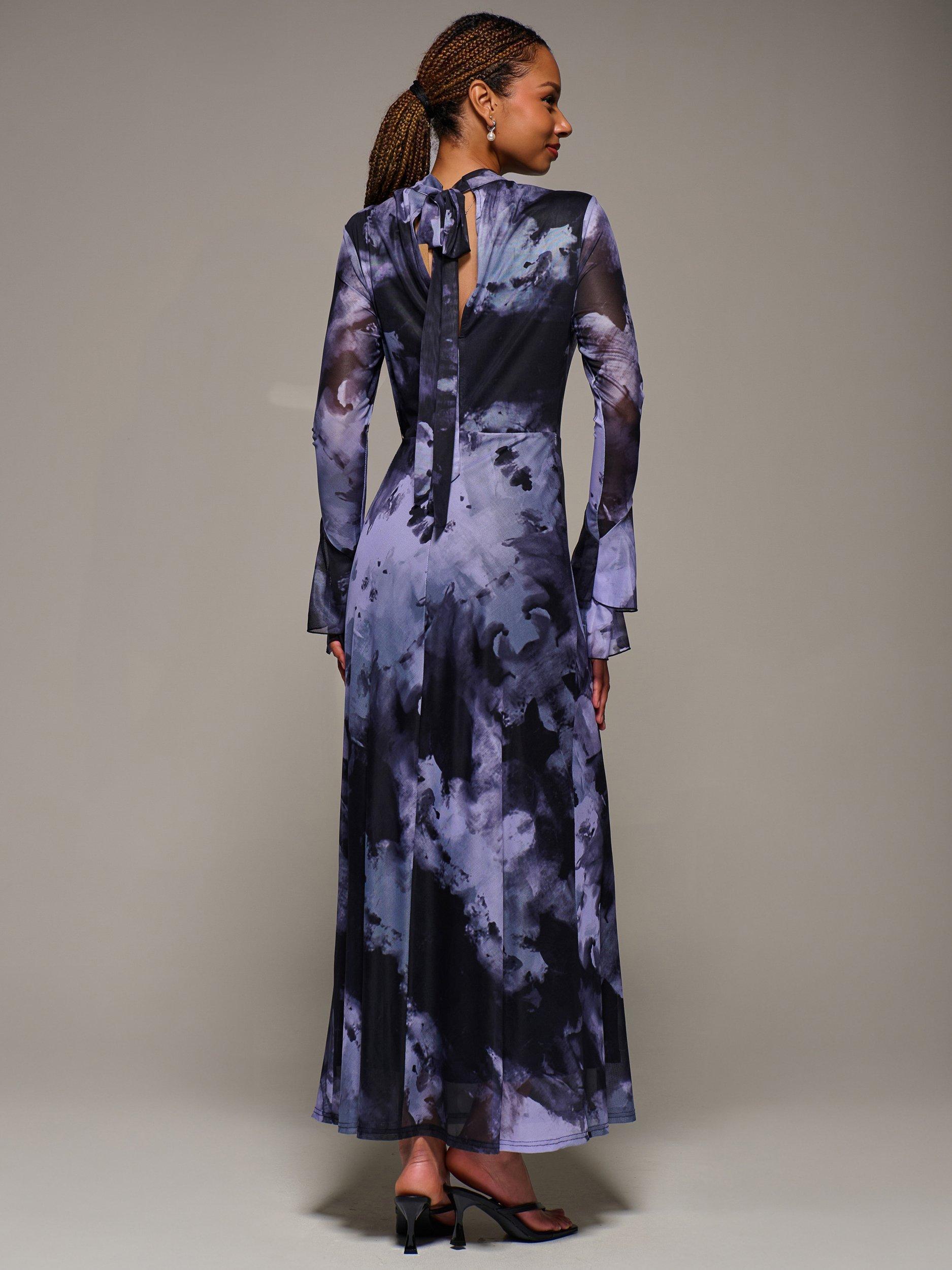 Product image 2 of 6, which shows Jolie Moi Ruffle Mesh Maxi Dress, Purple Abstract, 8