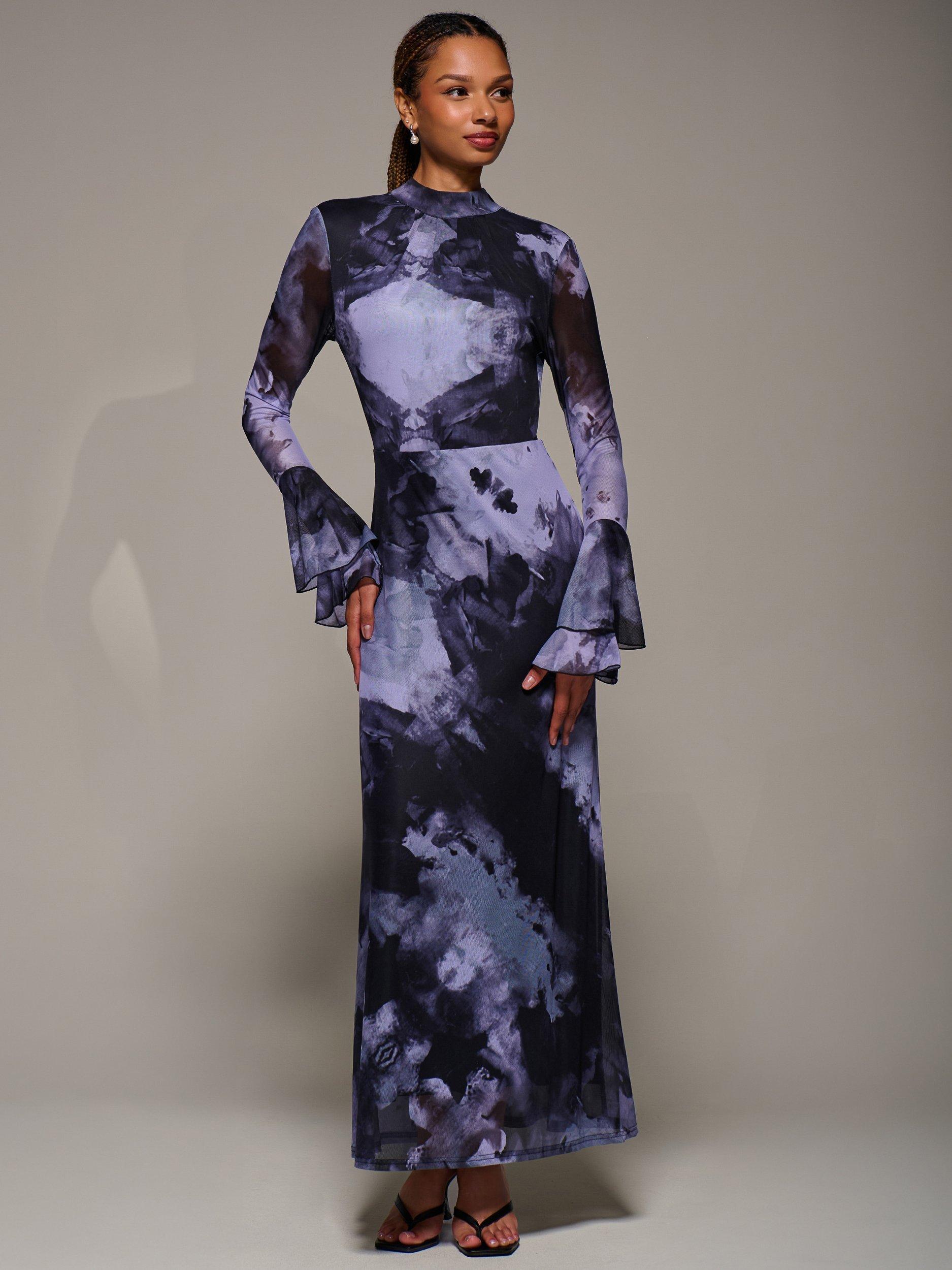 Product image 3 of 6, which shows Jolie Moi Ruffle Mesh Maxi Dress, Purple Abstract, 8