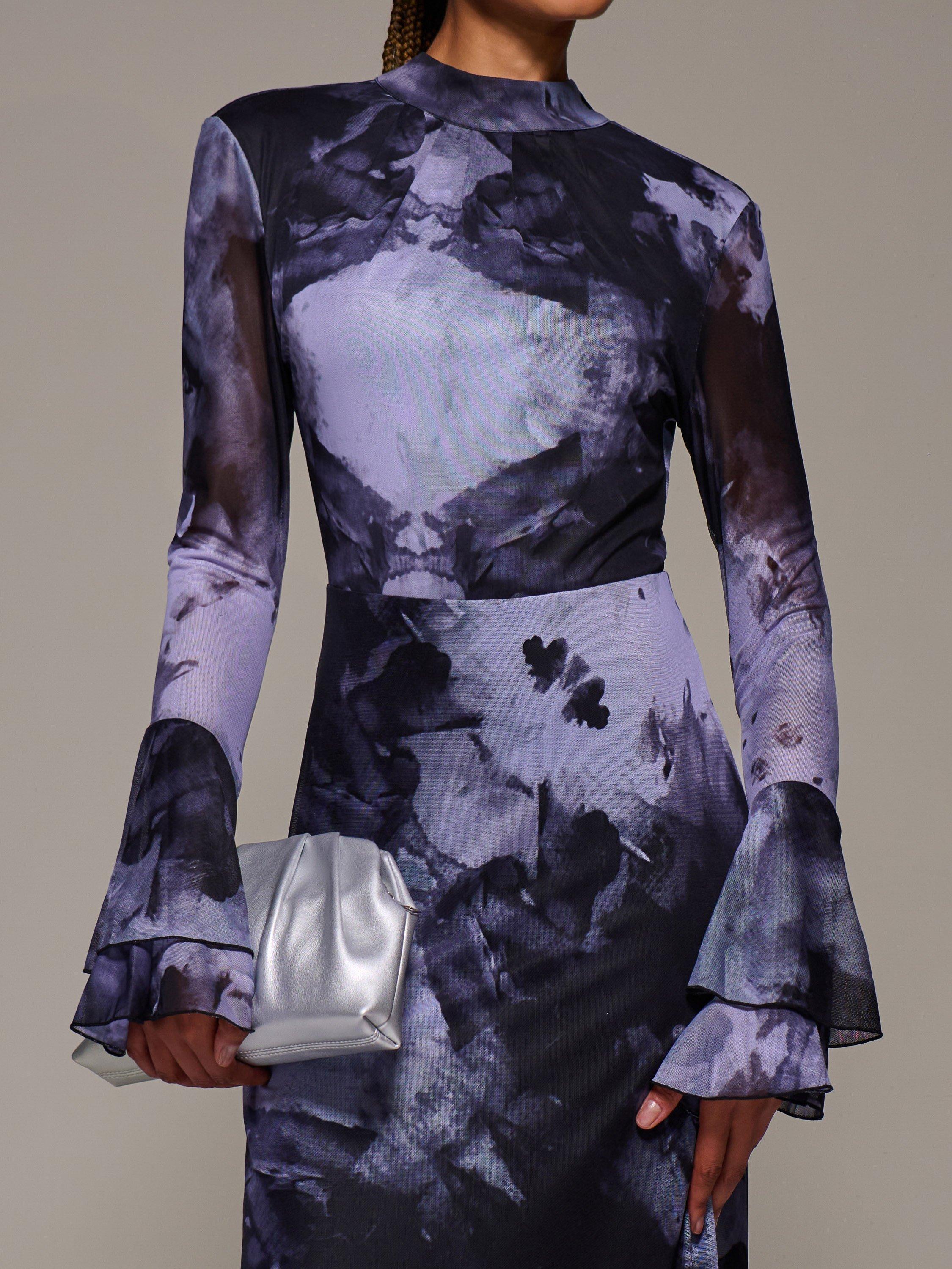 Product image 4 of 6, which shows Jolie Moi Ruffle Mesh Maxi Dress, Purple Abstract, 8