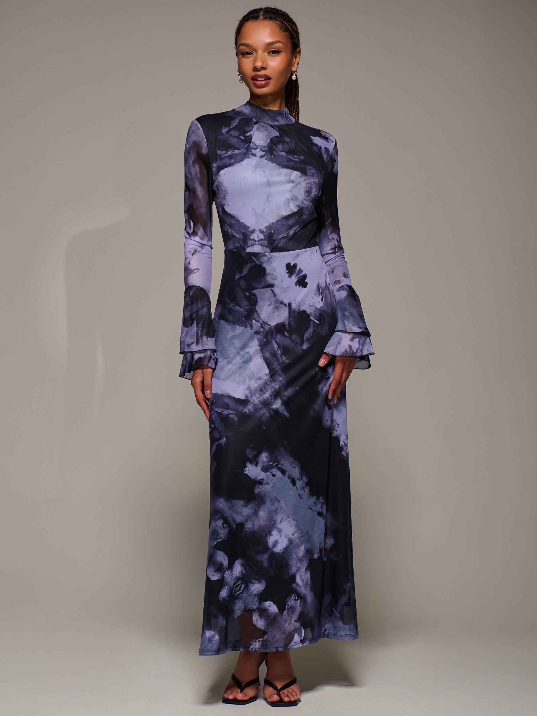 Product image 5 of 6, which shows Jolie Moi Ruffle Mesh Maxi Dress, Purple Abstract, 8