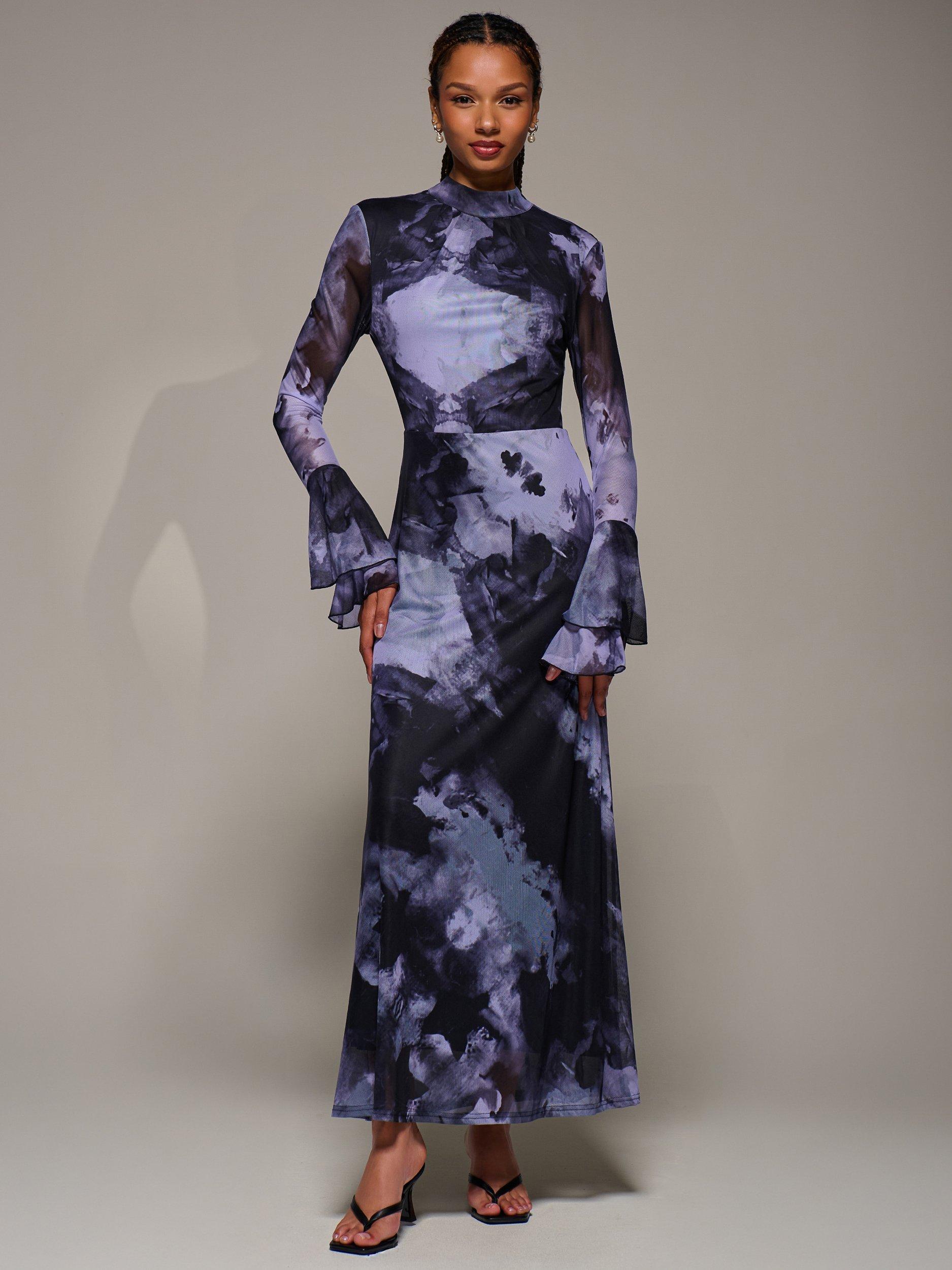 Product image 6 of 6, which shows Jolie Moi Ruffle Mesh Maxi Dress, Purple Abstract, 8