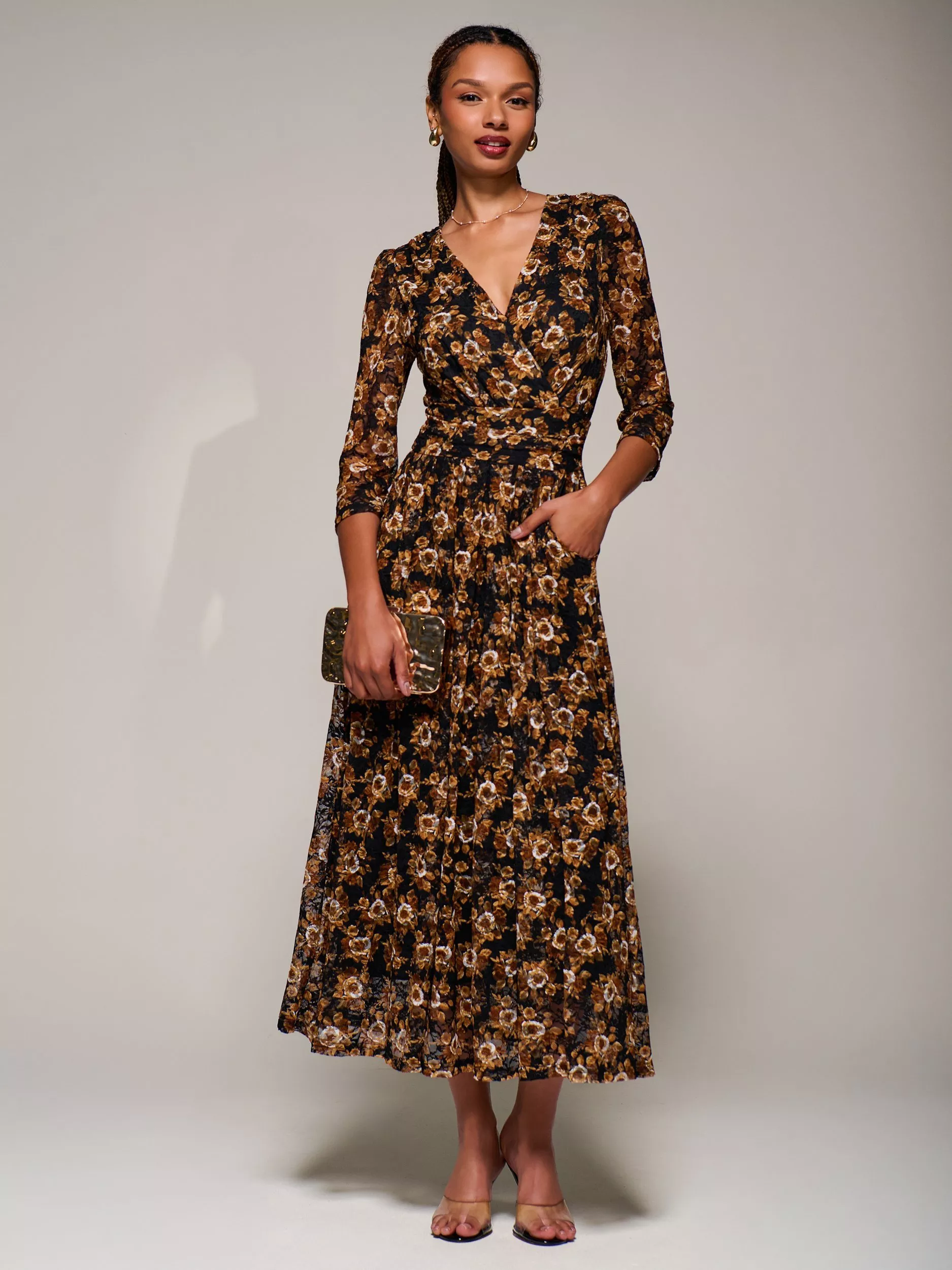 Jolie Moi Collarless V-Back 3/4 Sleeve Lace Flared Maxi dress