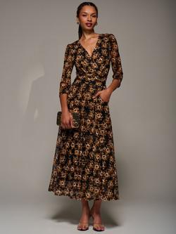 Jolie Moi Collarless V-Back 3/4 Sleeve Lace Flared Maxi dress, Black Floral