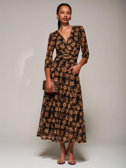 Jolie Moi Collarless V-Back 3/4 Sleeve Lace Flared Maxi dress, Black Floral