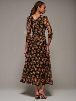 Jolie Moi Collarless V-Back 3/4 Sleeve Lace Flared Maxi dress - view 2, Black Floral