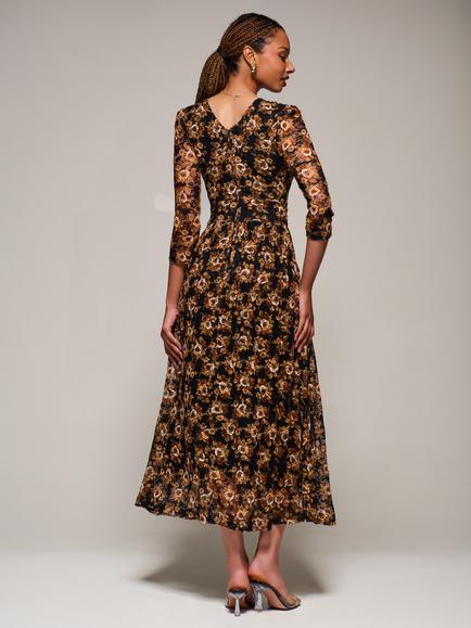 Jolie Moi Collarless V-Back 3/4 Sleeve Lace Flared Maxi dress - view 2, Black Floral
