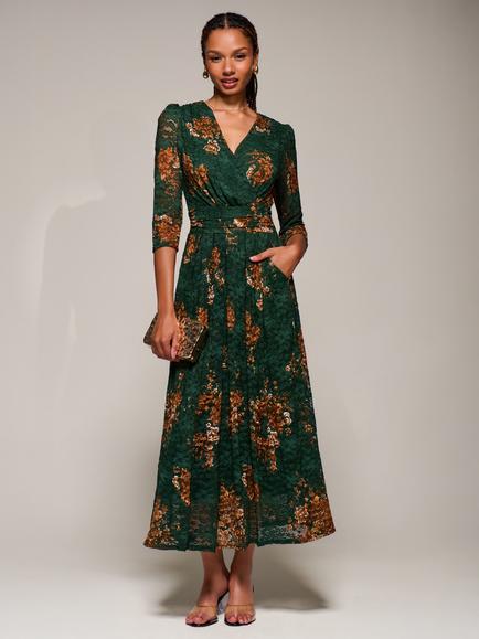 Jolie Moi 3/4 Sleeve Lace Flared Maxi Dress, Green Floral