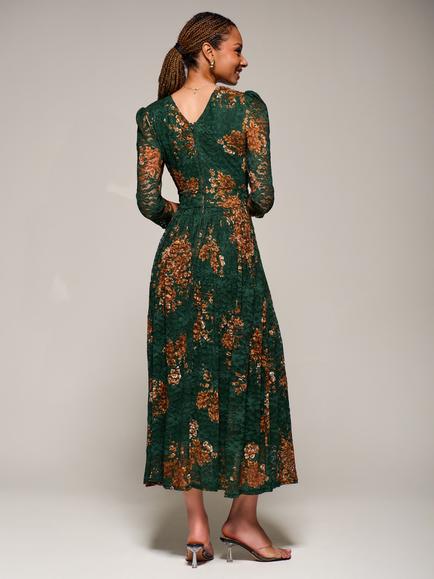 Jolie Moi 3/4 Sleeve Lace Flared Maxi Dress - view 2, Green Floral